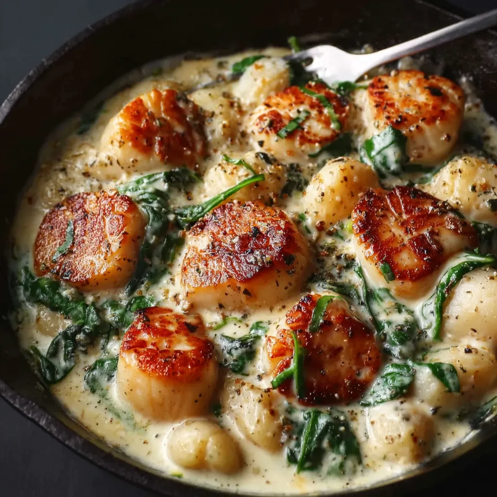 Restaurant-Style Creamy Garlic Parmesan Scallops with Fresh Spinach in White Wine Butter Sauce - secondary view